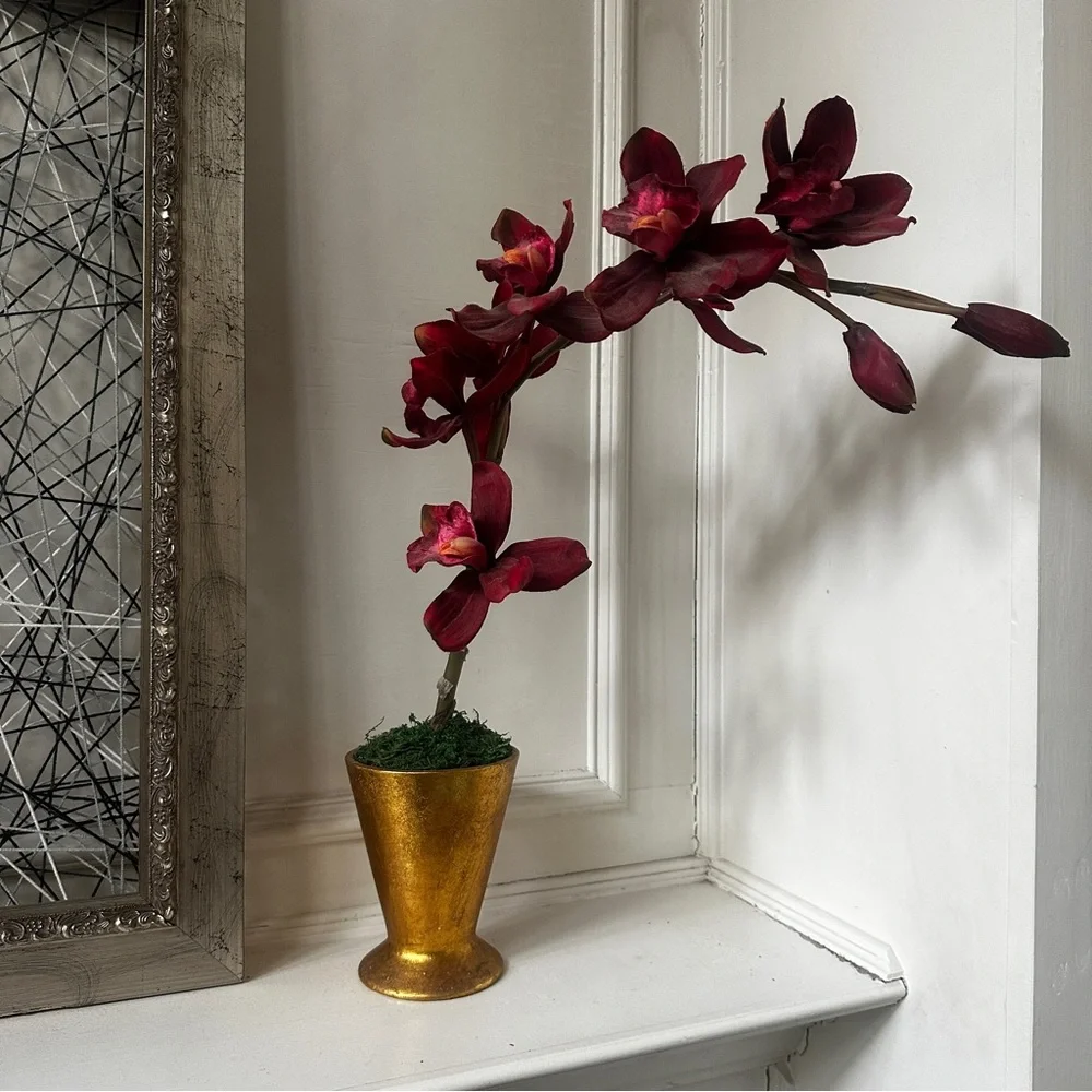 Cymbidium Orchid in Gold Pot Faux
